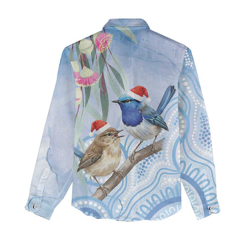 Australia Superb Fairywren Christmas Women Casual Shirt Aboriginal Eucalyptus Blossoms Watercolor - Aussie Hoodie