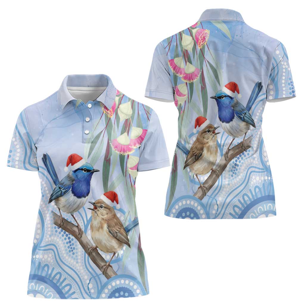 Australia Superb Fairywren Christmas Women Polo Shirt Aboriginal Eucalyptus Blossoms Watercolor - Aussie Hoodie