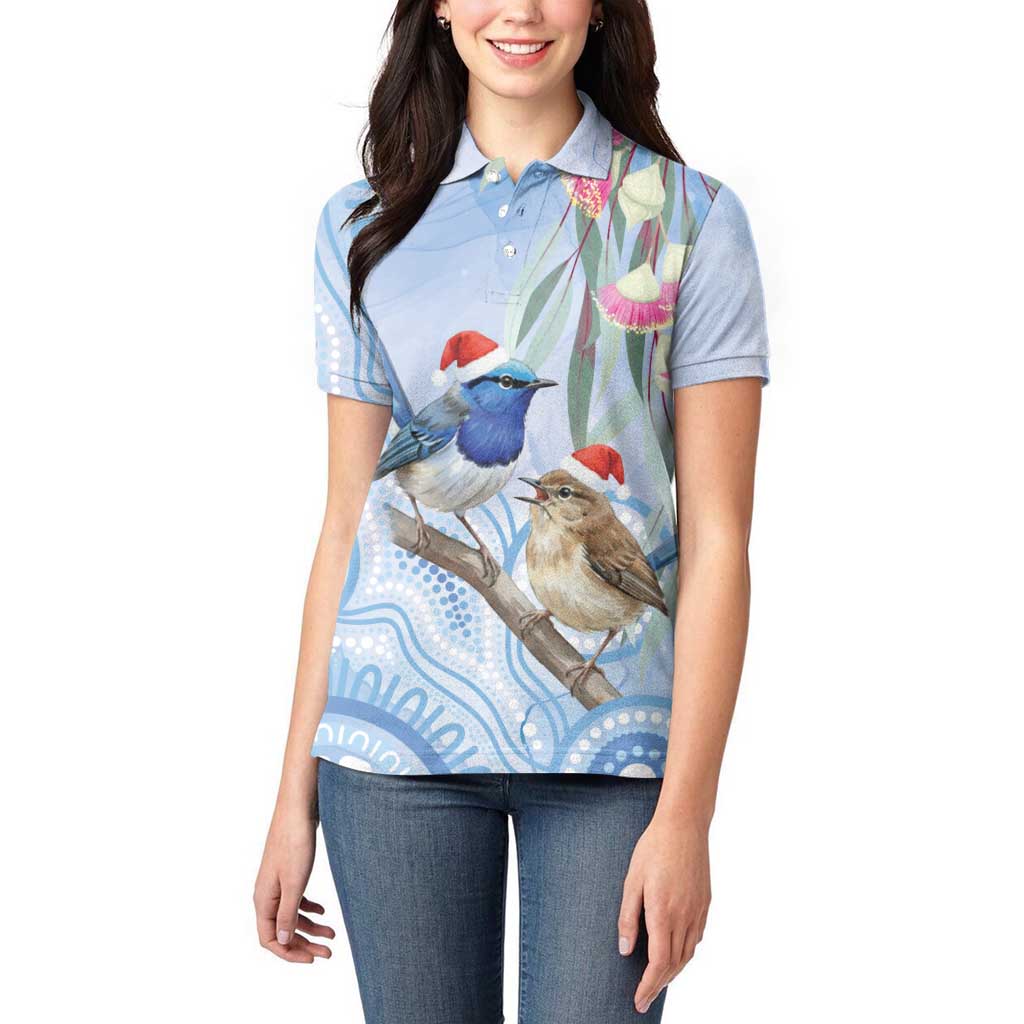 Australia Superb Fairywren Christmas Women Polo Shirt Aboriginal Eucalyptus Blossoms Watercolor - Aussie Hoodie