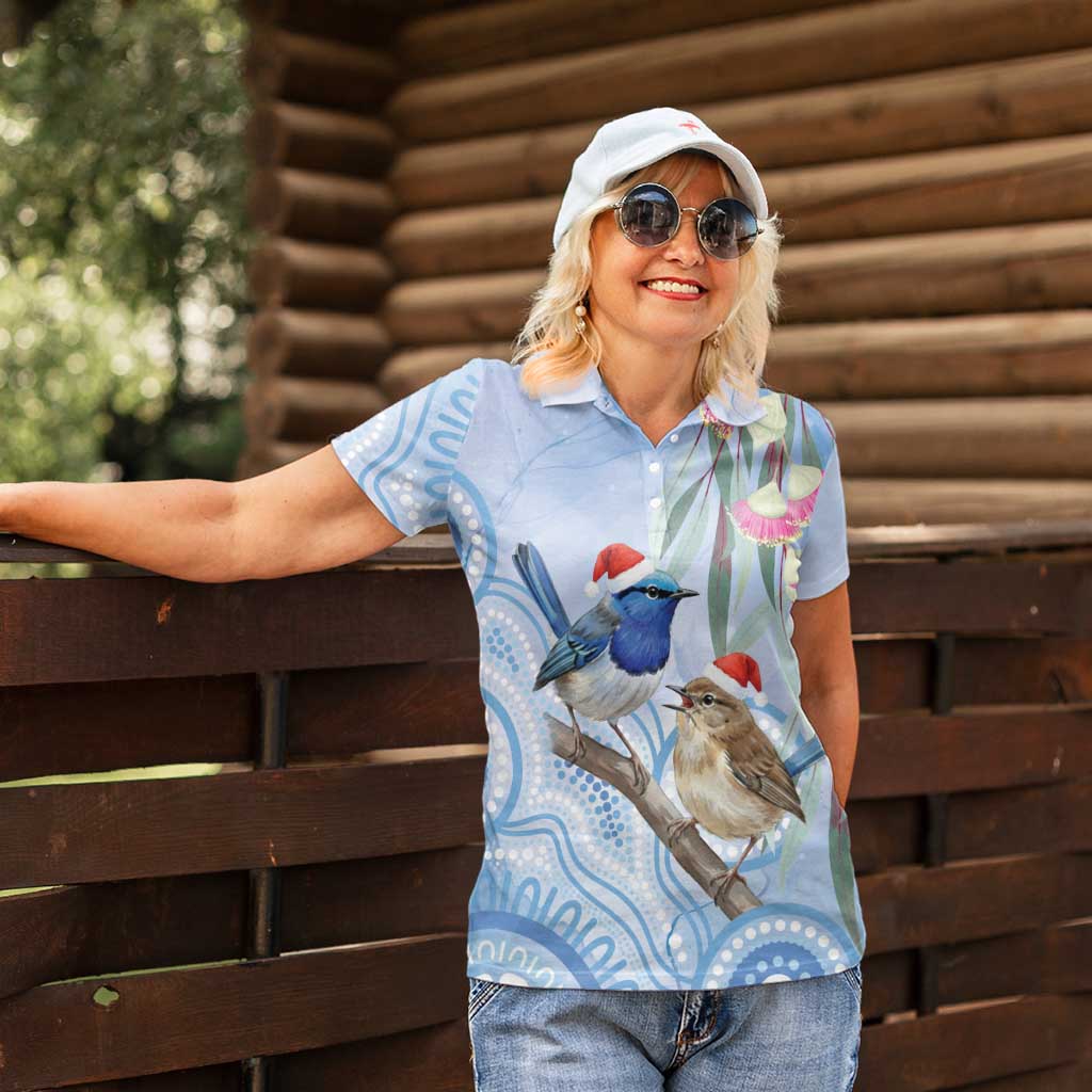 Australia Superb Fairywren Christmas Women Polo Shirt Aboriginal Eucalyptus Blossoms Watercolor - Aussie Hoodie