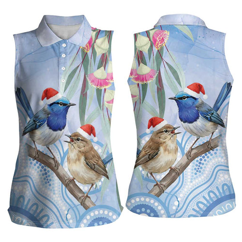 Australia Superb Fairywren Christmas Women Sleeveless Polo Shirt Aboriginal Eucalyptus Blossoms Watercolor - Aussie Hoodie