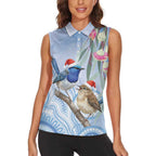 Australia Superb Fairywren Christmas Women Sleeveless Polo Shirt Aboriginal Eucalyptus Blossoms Watercolor - Aussie Hoodie