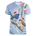 Australia Superb Fairywren Christmas Women V-Neck T-Shirt Aboriginal Eucalyptus Blossoms Watercolor - Aussie Hoodie
