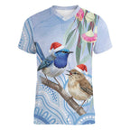 Australia Superb Fairywren Christmas Women V-Neck T-Shirt Aboriginal Eucalyptus Blossoms Watercolor - Aussie Hoodie