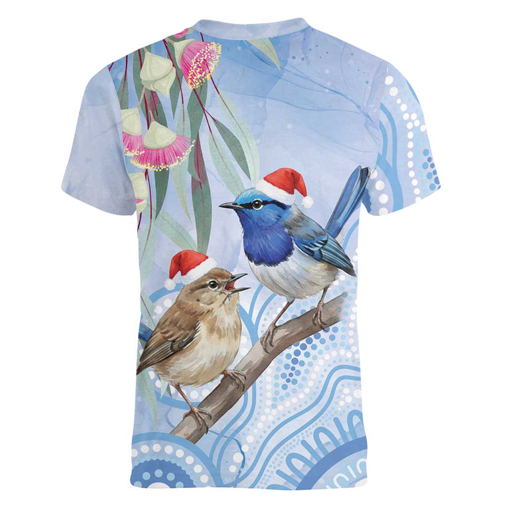Australia Superb Fairywren Christmas Women V-Neck T-Shirt Aboriginal Eucalyptus Blossoms Watercolor - Aussie Hoodie