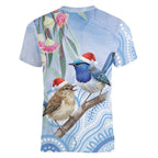 Australia Superb Fairywren Christmas Women V-Neck T-Shirt Aboriginal Eucalyptus Blossoms Watercolor - Aussie Hoodie