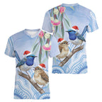 Australia Superb Fairywren Christmas Women V-Neck T-Shirt Aboriginal Eucalyptus Blossoms Watercolor - Aussie Hoodie
