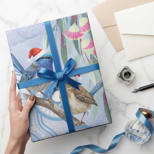 Australia Superb Fairywren Christmas Wrapping Paper Aboriginal Eucalyptus Blossoms Watercolor - Aussie Hoodie