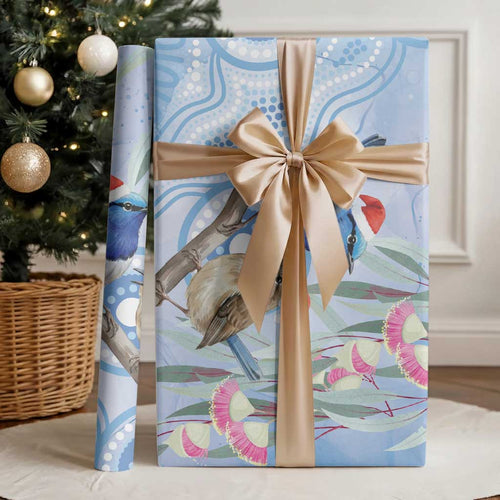 Australia Superb Fairywren Christmas Wrapping Paper Aboriginal Eucalyptus Blossoms Watercolor - Aussie Hoodie