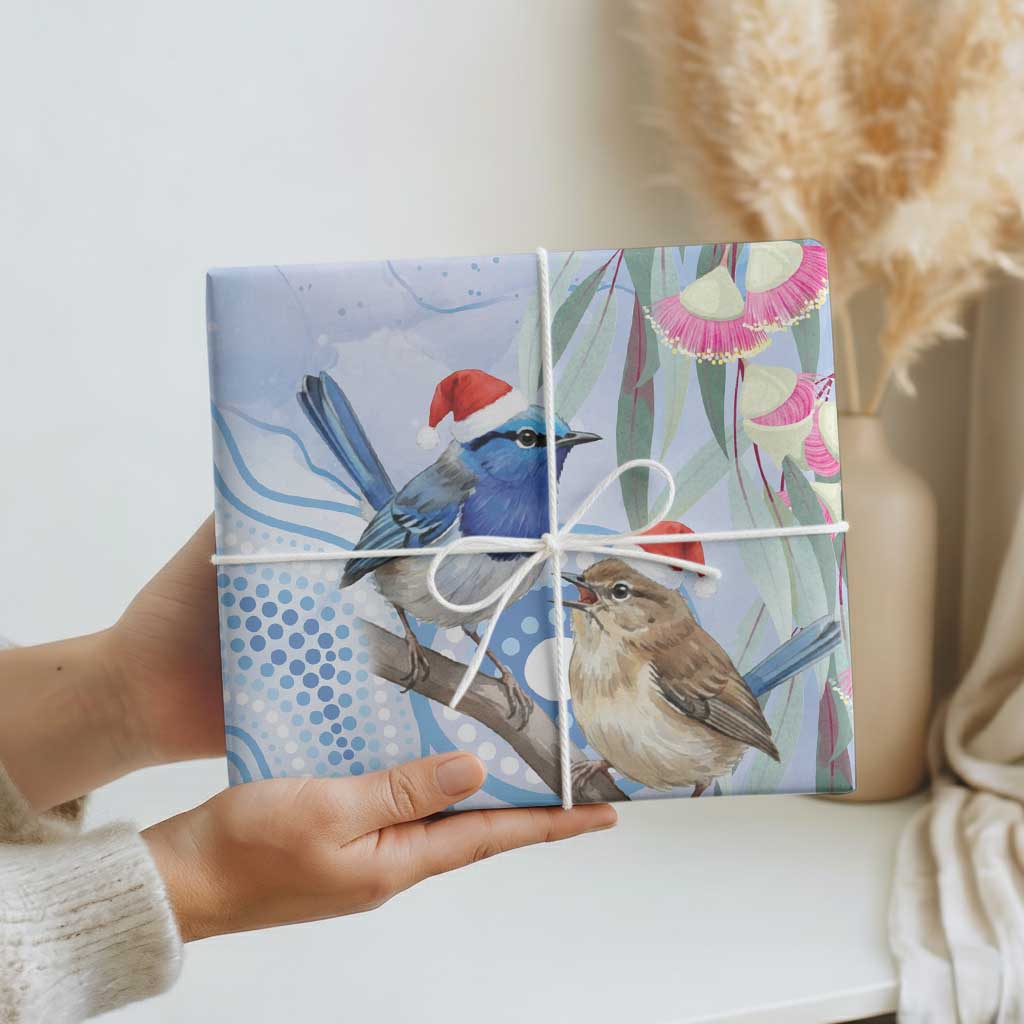 Australia Superb Fairywren Christmas Wrapping Paper Aboriginal Eucalyptus Blossoms Watercolor - Aussie Hoodie