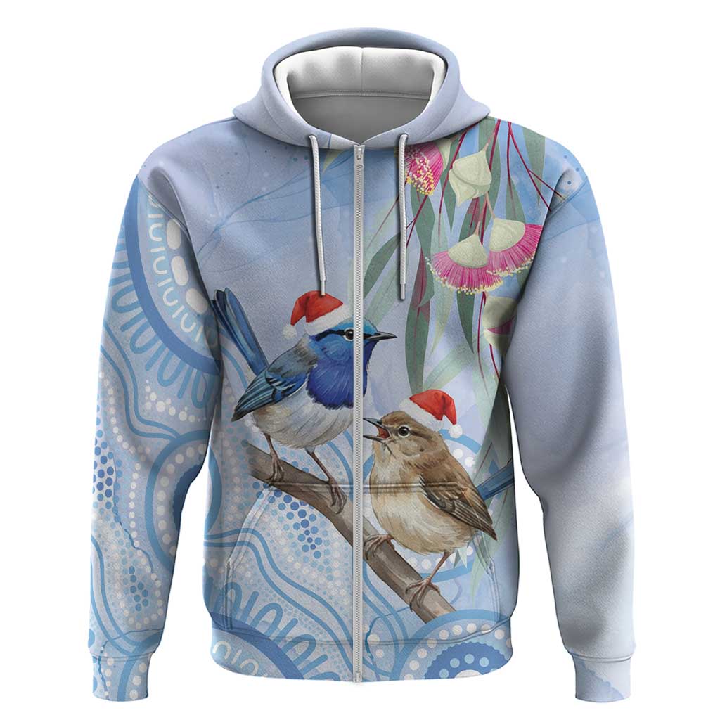 Australia Superb Fairywren Christmas Zip Hoodie Aboriginal Eucalyptus Blossoms Watercolor - Aussie Hoodie