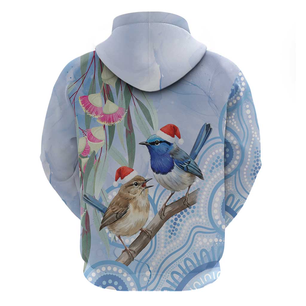 Australia Superb Fairywren Christmas Zip Hoodie Aboriginal Eucalyptus Blossoms Watercolor - Aussie Hoodie
