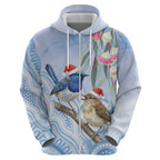 Australia Superb Fairywren Christmas Zip Hoodie Aboriginal Eucalyptus Blossoms Watercolor - Aussie Hoodie