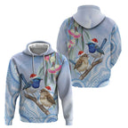 Australia Superb Fairywren Christmas Zip Hoodie Aboriginal Eucalyptus Blossoms Watercolor - Aussie Hoodie