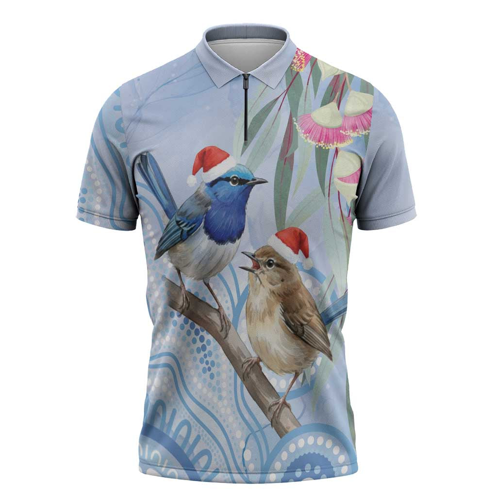 Australia Superb Fairywren Christmas Zipper Polo Shirt Aboriginal Eucalyptus Blossoms Watercolor - Aussie Hoodie