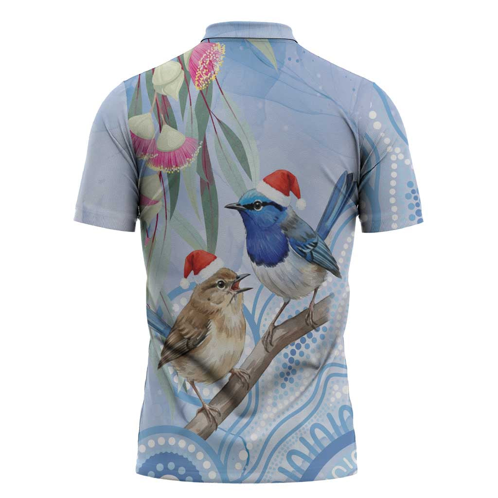 Australia Superb Fairywren Christmas Zipper Polo Shirt Aboriginal Eucalyptus Blossoms Watercolor - Aussie Hoodie