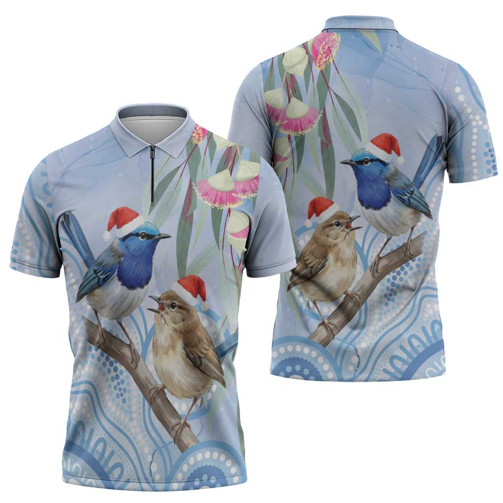 Australia Superb Fairywren Christmas Zipper Polo Shirt Aboriginal Eucalyptus Blossoms Watercolor - Aussie Hoodie