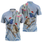 Australia Superb Fairywren Christmas Zipper Polo Shirt Aboriginal Eucalyptus Blossoms Watercolor - Aussie Hoodie
