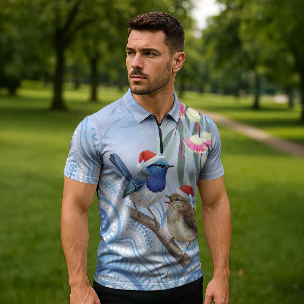 Australia Superb Fairywren Christmas Zipper Polo Shirt Aboriginal Eucalyptus Blossoms Watercolor - Aussie Hoodie