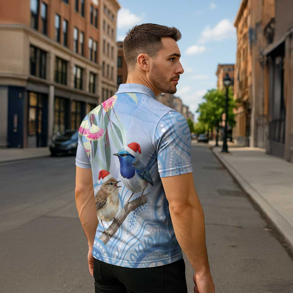 Australia Superb Fairywren Christmas Zipper Polo Shirt Aboriginal Eucalyptus Blossoms Watercolor - Aussie Hoodie