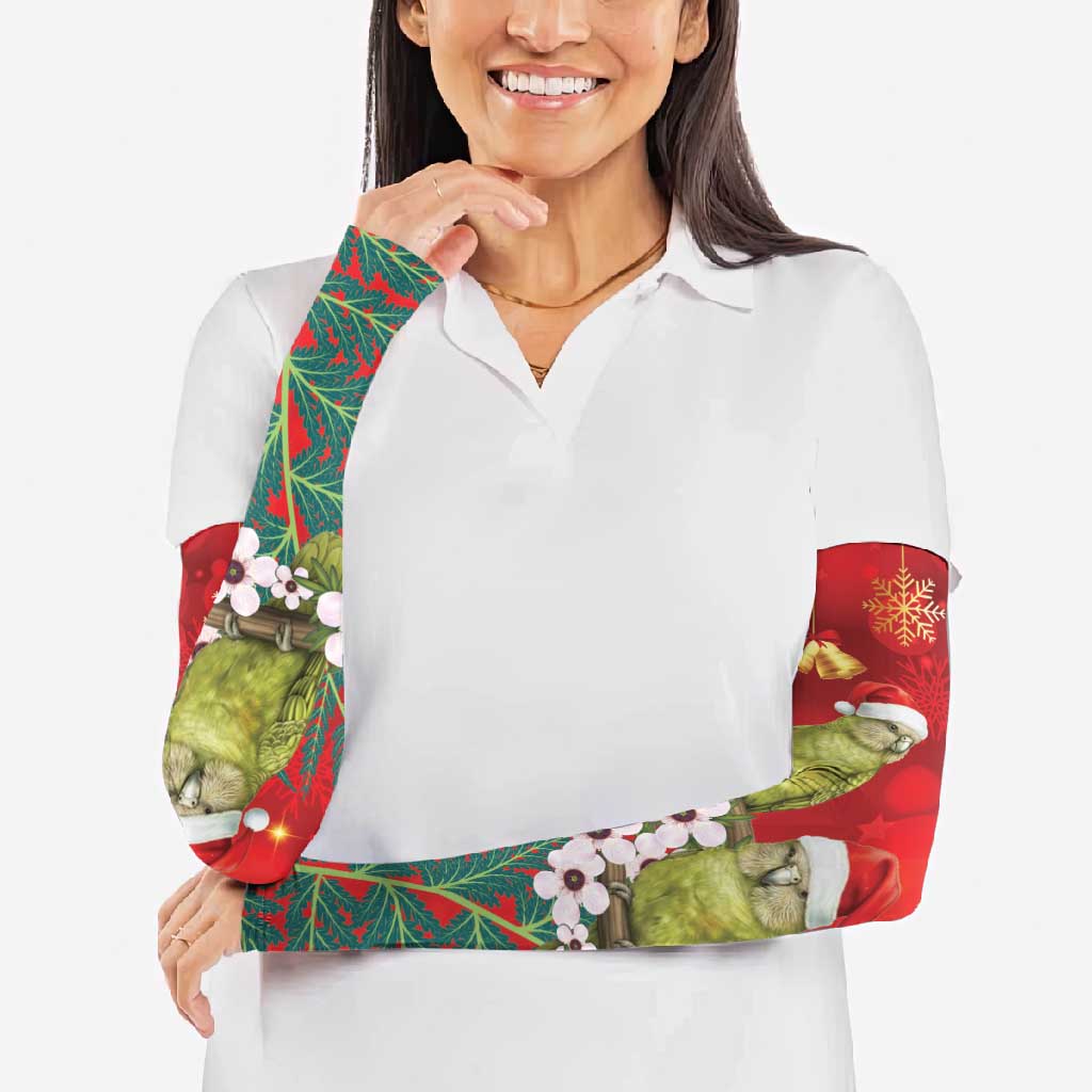 New Zealand Kakapo Christmas Arm Sleeves Owl Parrot Santa Sliver Fern Manuka - Red - Aussie Hoodie