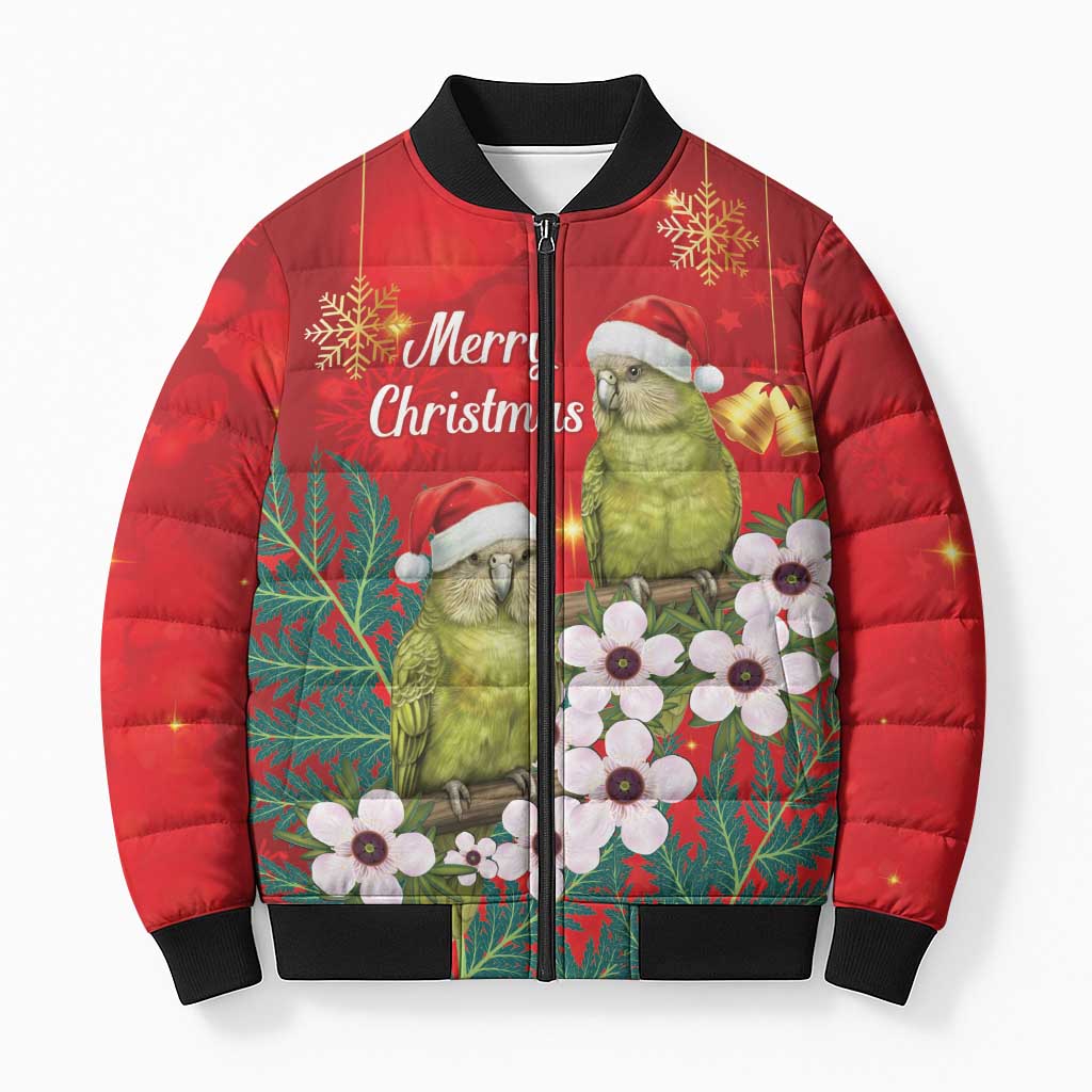 New Zealand Kakapo Christmas Bomber Puffer Jacket Owl Parrot Santa Sliver Fern Manuka - Red - Aussie Hoodie