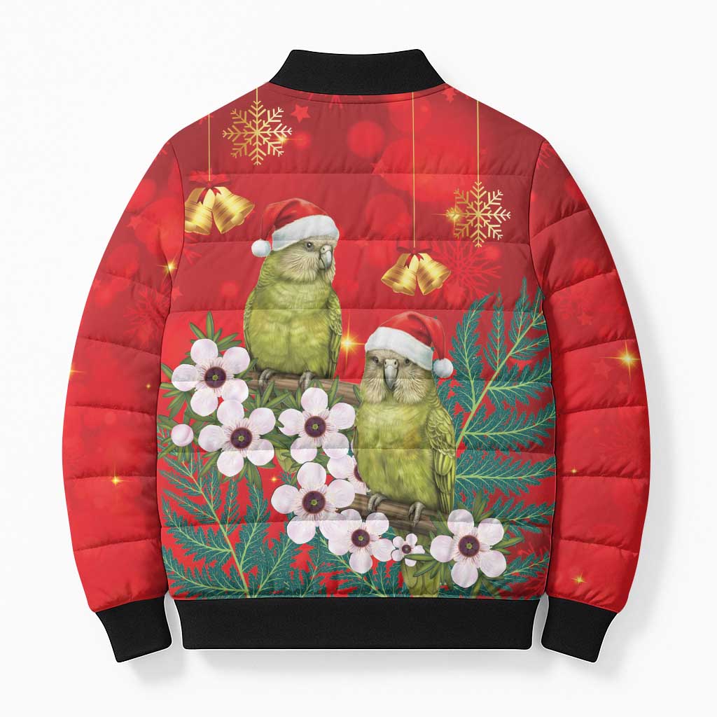 New Zealand Kakapo Christmas Bomber Puffer Jacket Owl Parrot Santa Sliver Fern Manuka - Red - Aussie Hoodie