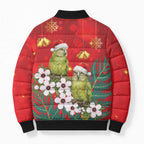 New Zealand Kakapo Christmas Bomber Puffer Jacket Owl Parrot Santa Sliver Fern Manuka - Red - Aussie Hoodie