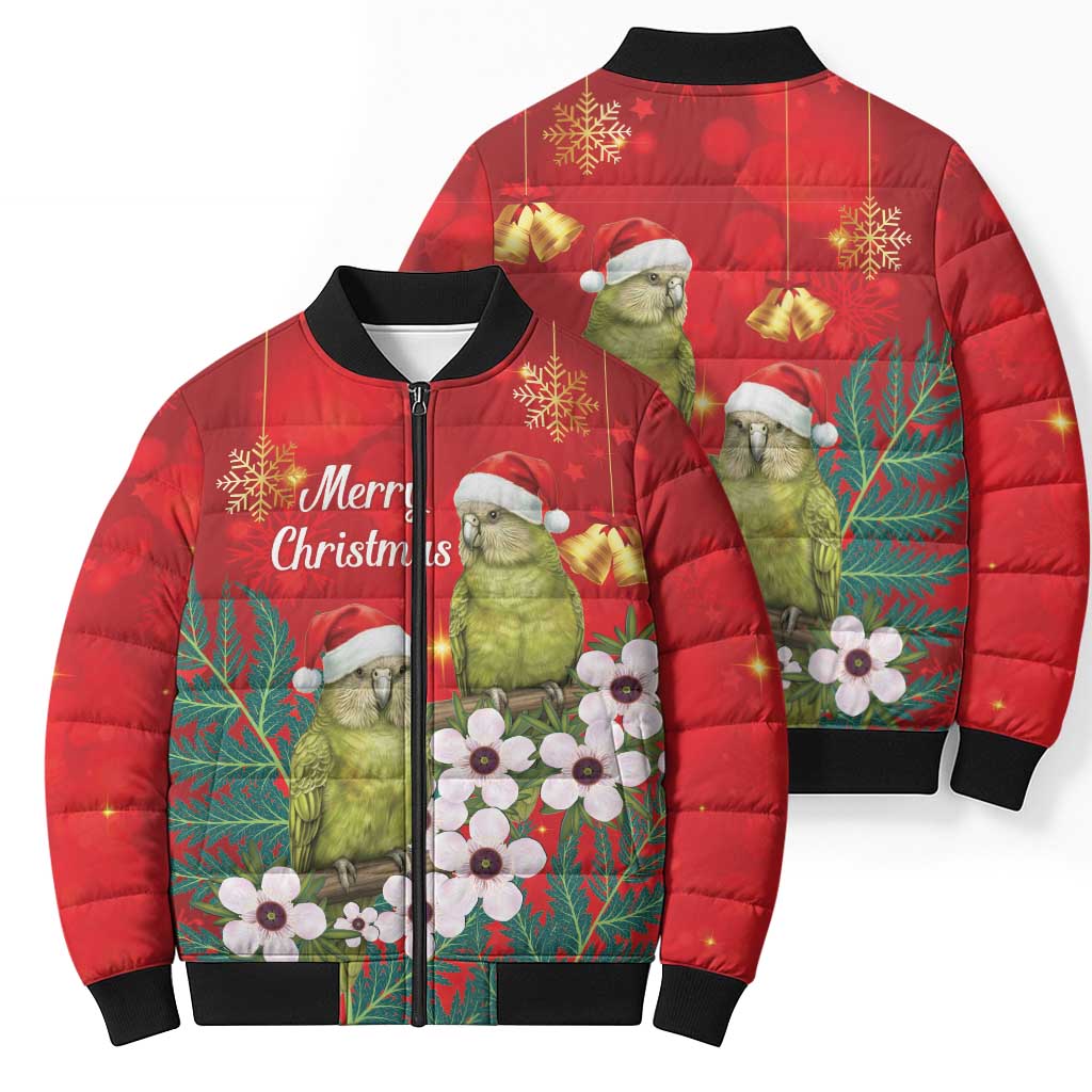 New Zealand Kakapo Christmas Bomber Puffer Jacket Owl Parrot Santa Sliver Fern Manuka - Red - Aussie Hoodie