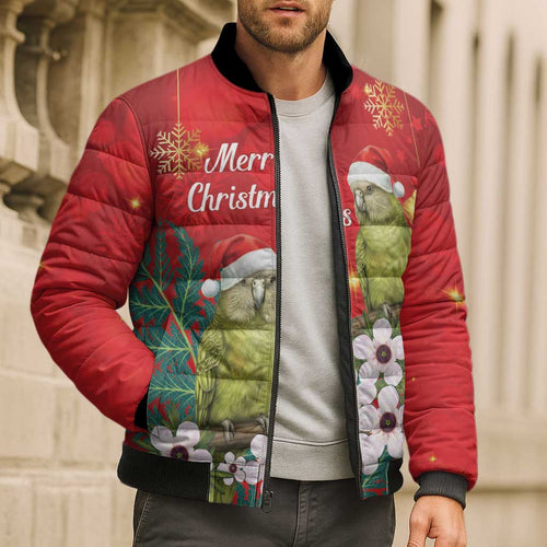 New Zealand Kakapo Christmas Bomber Puffer Jacket Owl Parrot Santa Sliver Fern Manuka - Red - Aussie Hoodie