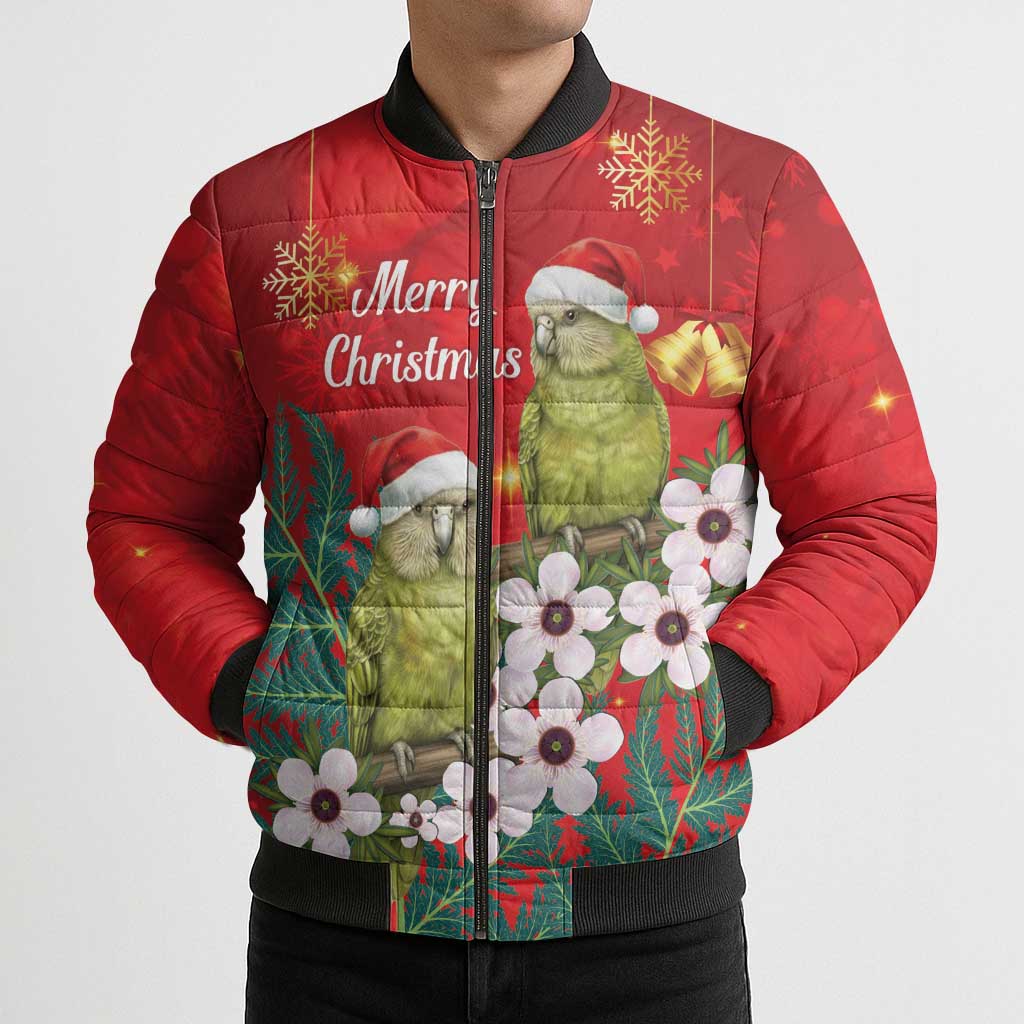 New Zealand Kakapo Christmas Bomber Puffer Jacket Owl Parrot Santa Sliver Fern Manuka - Red - Aussie Hoodie