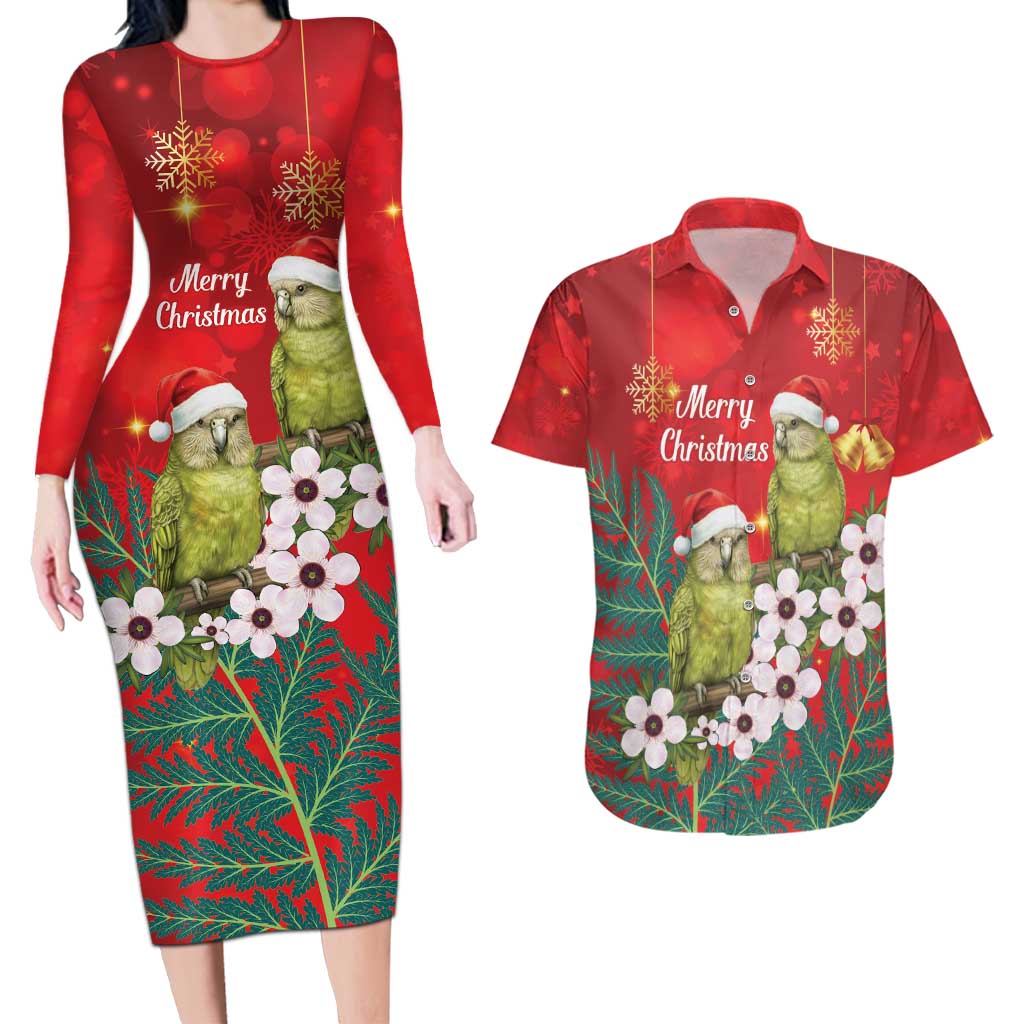 New Zealand Kakapo Christmas Couples Matching Long Sleeve Bodycon Dress and Hawaiian Shirt Owl Parrot Santa Sliver Fern Manuka - Red - Aussie Hoodie
