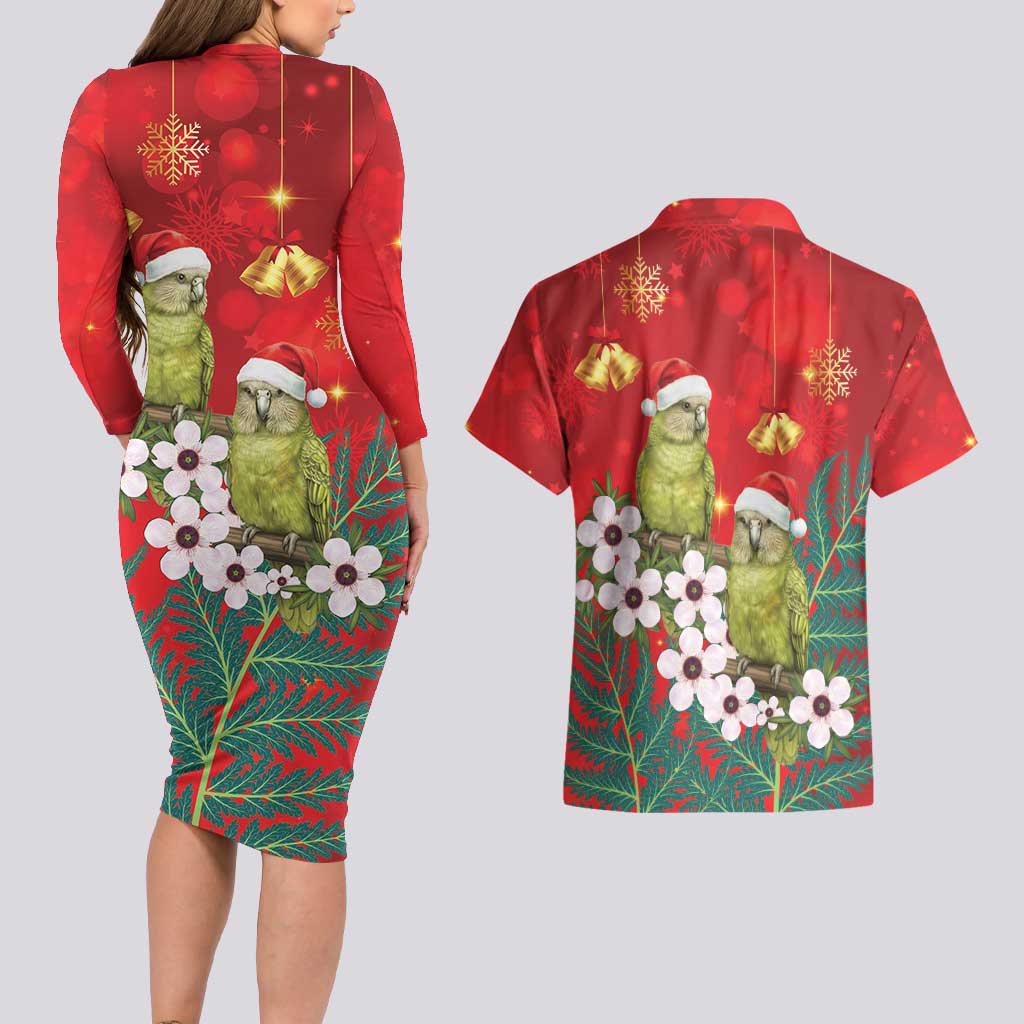 New Zealand Kakapo Christmas Couples Matching Long Sleeve Bodycon Dress and Hawaiian Shirt Owl Parrot Santa Sliver Fern Manuka - Red - Aussie Hoodie