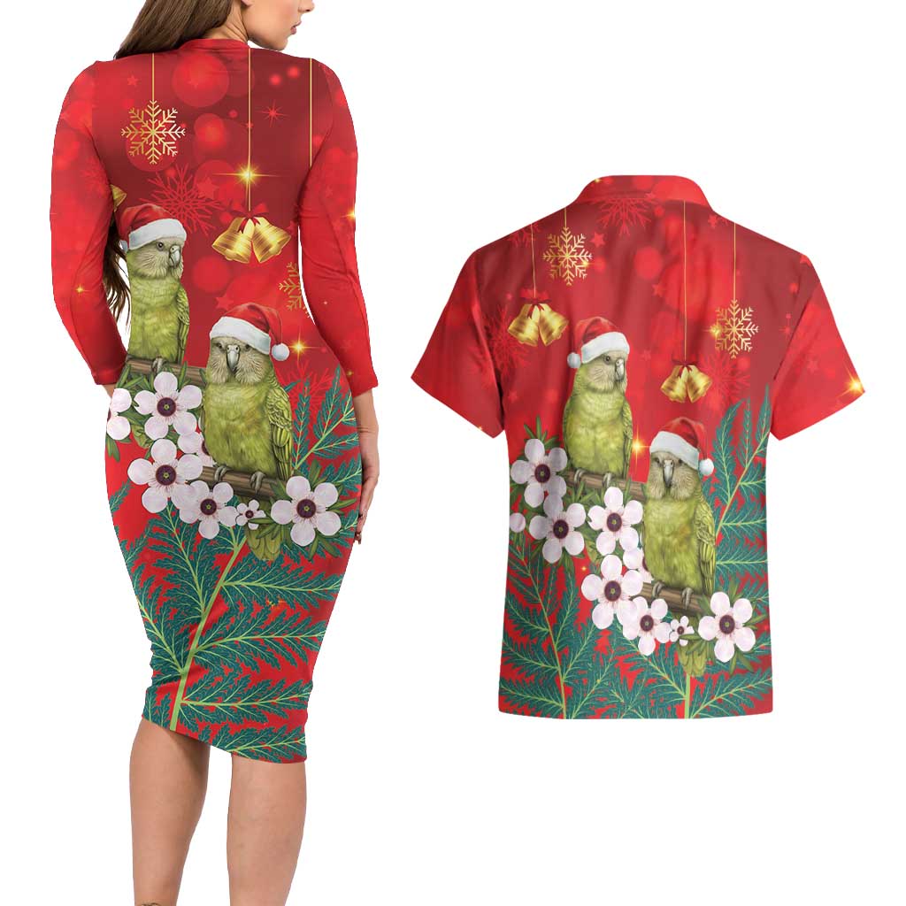 New Zealand Kakapo Christmas Couples Matching Long Sleeve Bodycon Dress and Hawaiian Shirt Owl Parrot Santa Sliver Fern Manuka - Red - Aussie Hoodie