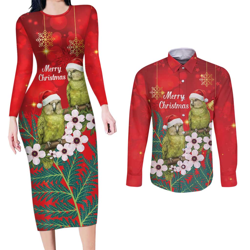 New Zealand Kakapo Christmas Couples Matching Long Sleeve Bodycon Dress and Long Sleeve Button Shirt Owl Parrot Santa Sliver Fern Manuka - Red - Aussie Hoodie
