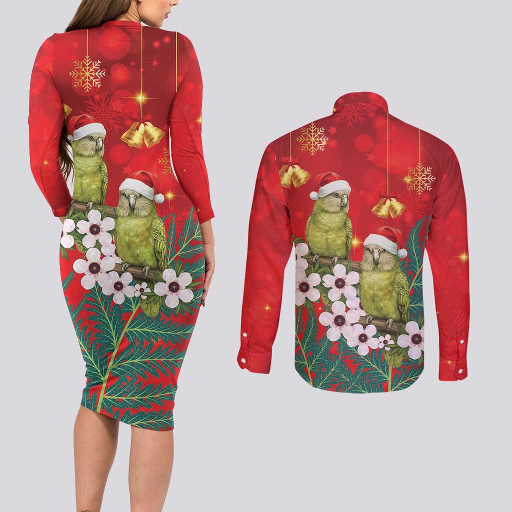 New Zealand Kakapo Christmas Couples Matching Long Sleeve Bodycon Dress and Long Sleeve Button Shirt Owl Parrot Santa Sliver Fern Manuka - Red - Aussie Hoodie