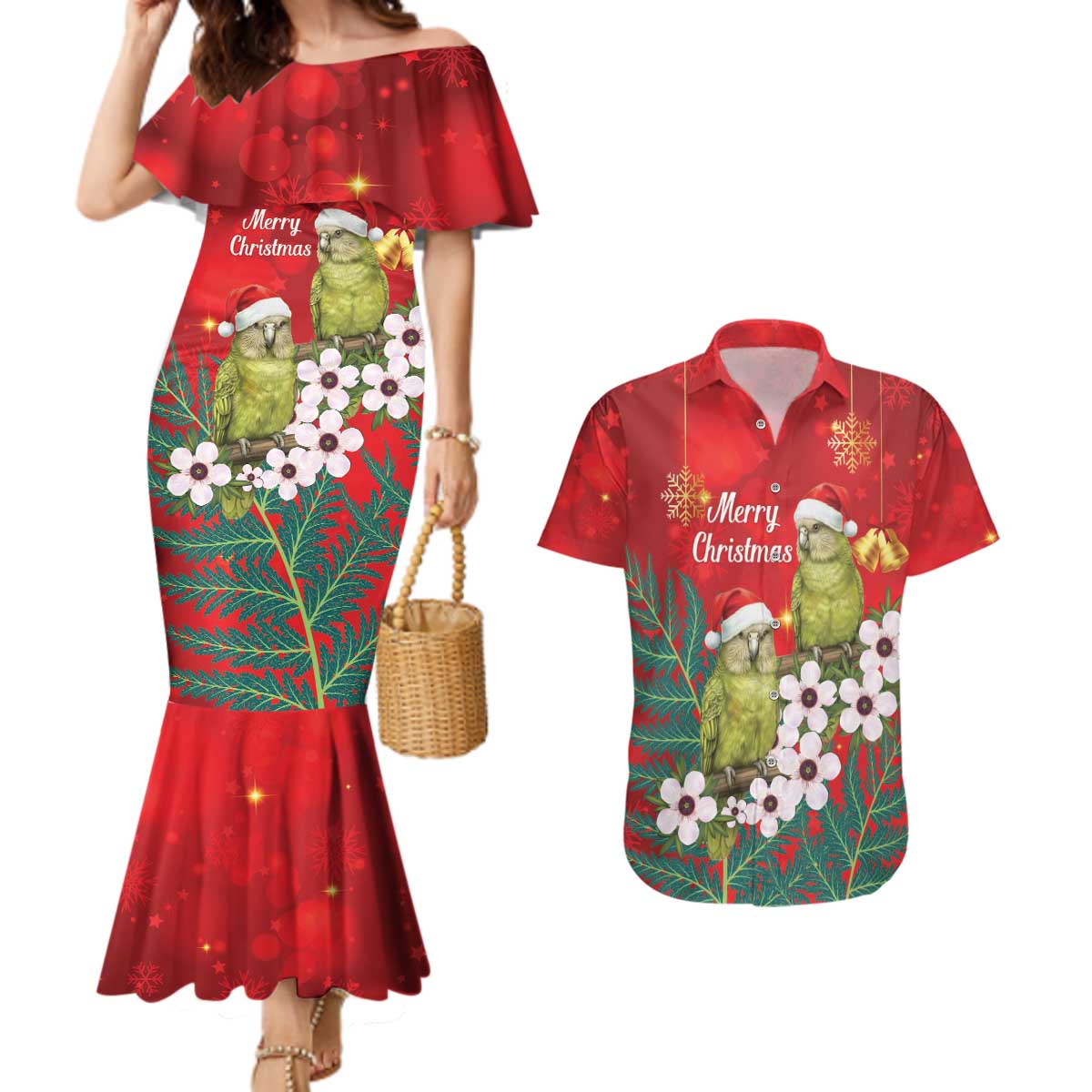 New Zealand Kakapo Christmas Couples Matching Mermaid Dress and Hawaiian Shirt Owl Parrot Santa Sliver Fern Manuka - Red - Aussie Hoodie