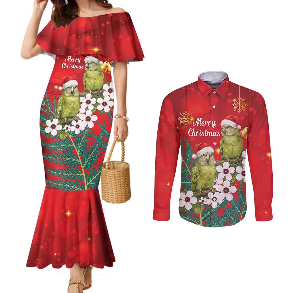 New Zealand Kakapo Christmas Couples Matching Mermaid Dress and Long Sleeve Button Shirt Owl Parrot Santa Sliver Fern Manuka - Red - Aussie Hoodie