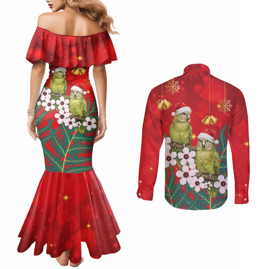 New Zealand Kakapo Christmas Couples Matching Mermaid Dress and Long Sleeve Button Shirt Owl Parrot Santa Sliver Fern Manuka - Red - Aussie Hoodie