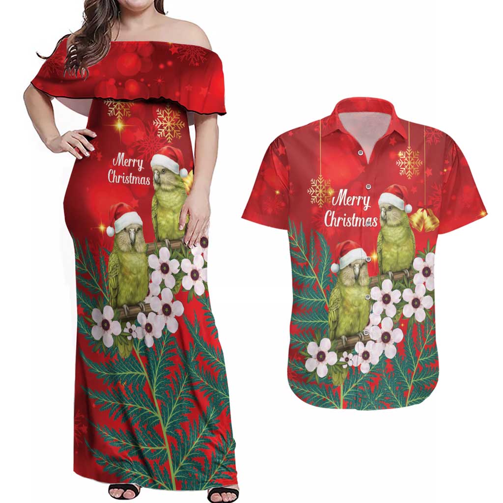 New Zealand Kakapo Christmas Couples Matching Off Shoulder Maxi Dress and Hawaiian Shirt Owl Parrot Santa Sliver Fern Manuka - Red - Aussie Hoodie