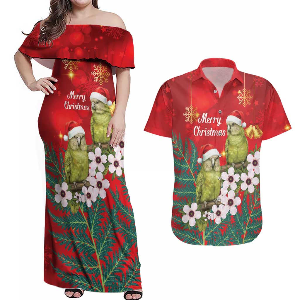 New Zealand Kakapo Christmas Couples Matching Off Shoulder Maxi Dress and Hawaiian Shirt Owl Parrot Santa Sliver Fern Manuka - Red - Aussie Hoodie