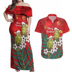 New Zealand Kakapo Christmas Couples Matching Off Shoulder Maxi Dress and Hawaiian Shirt Owl Parrot Santa Sliver Fern Manuka - Red - Aussie Hoodie