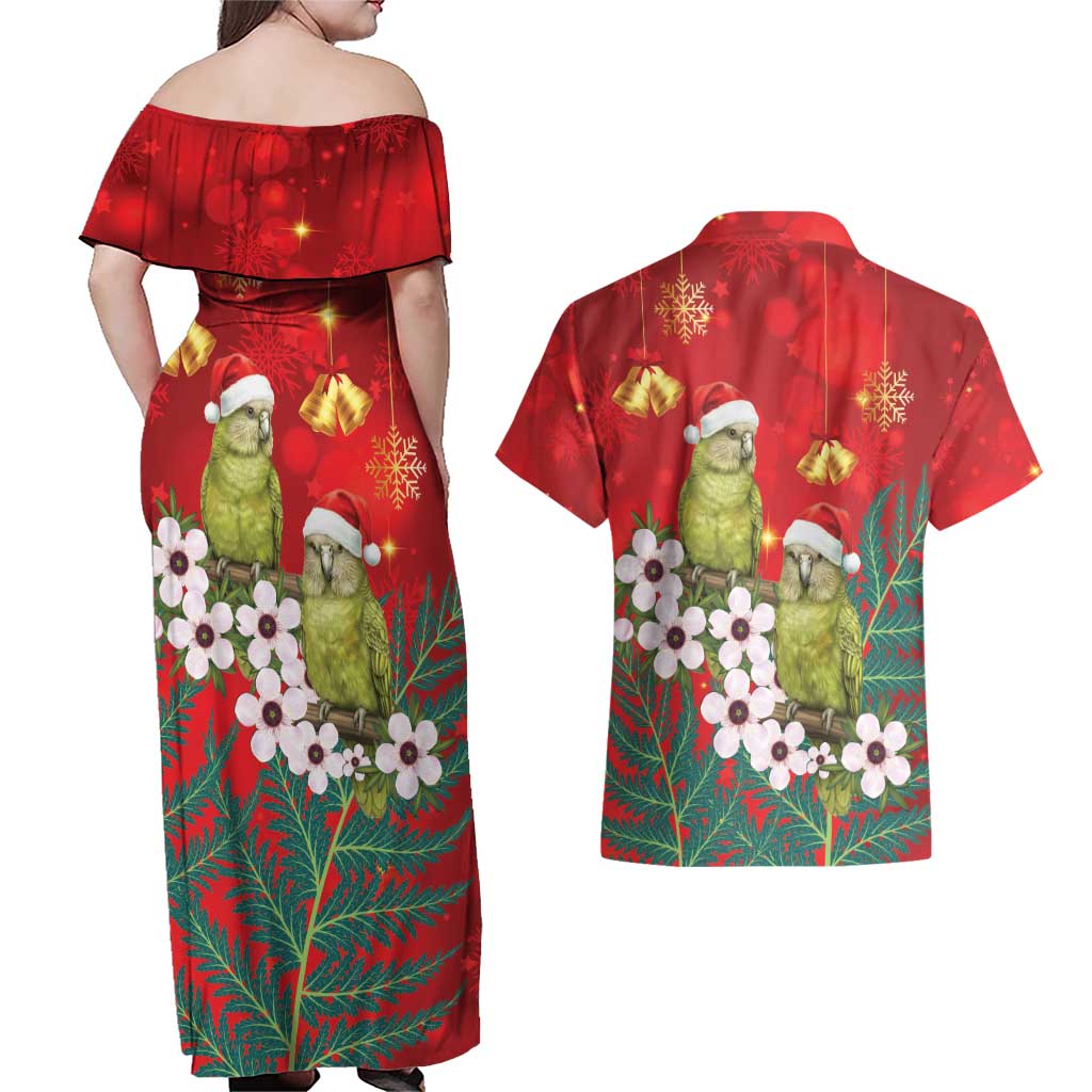 New Zealand Kakapo Christmas Couples Matching Off Shoulder Maxi Dress and Hawaiian Shirt Owl Parrot Santa Sliver Fern Manuka - Red - Aussie Hoodie