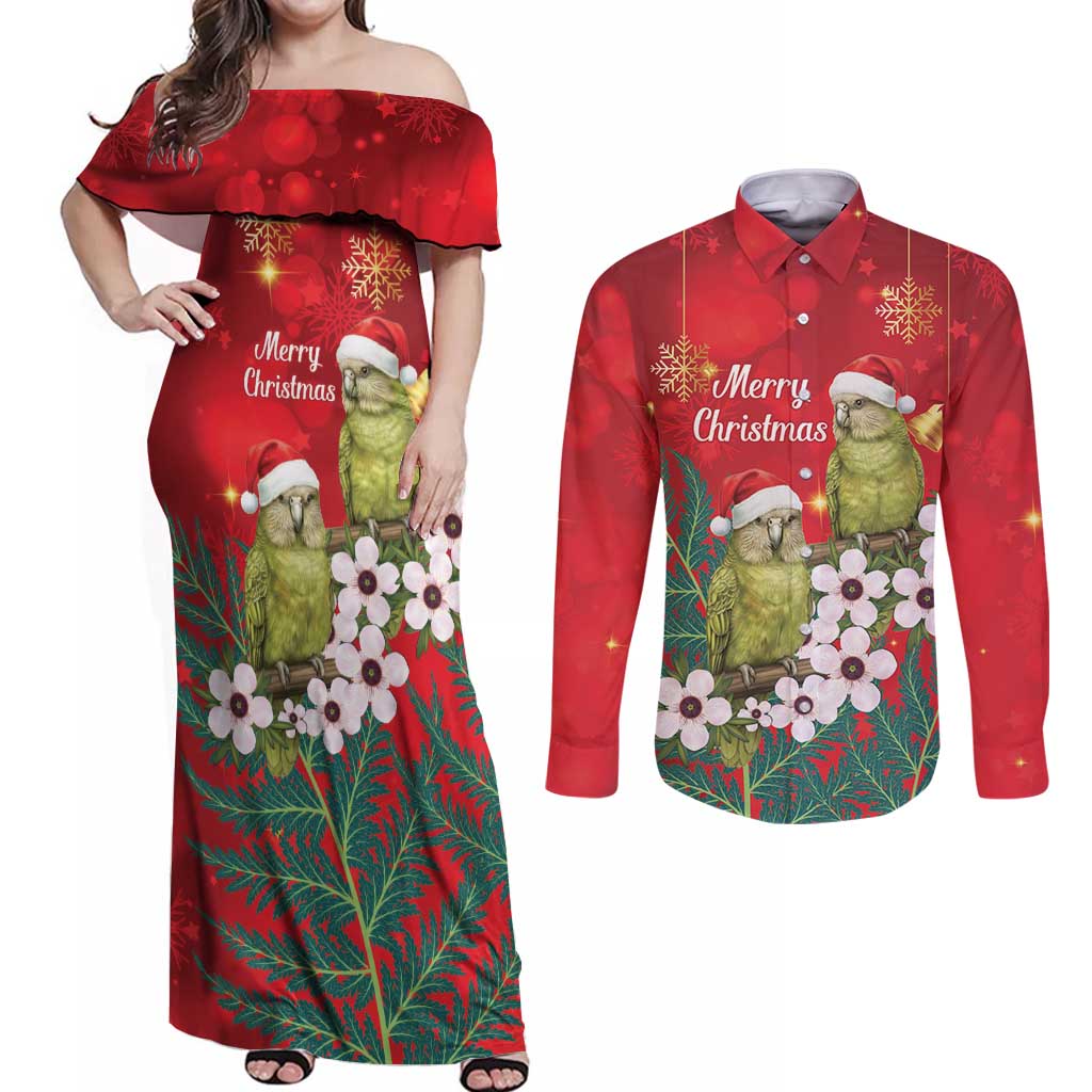 New Zealand Kakapo Christmas Couples Matching Off Shoulder Maxi Dress and Long Sleeve Button Shirt Owl Parrot Santa Sliver Fern Manuka - Red - Aussie Hoodie