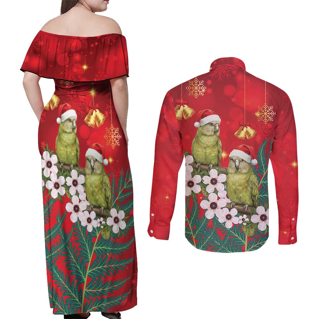 New Zealand Kakapo Christmas Couples Matching Off Shoulder Maxi Dress and Long Sleeve Button Shirt Owl Parrot Santa Sliver Fern Manuka - Red - Aussie Hoodie