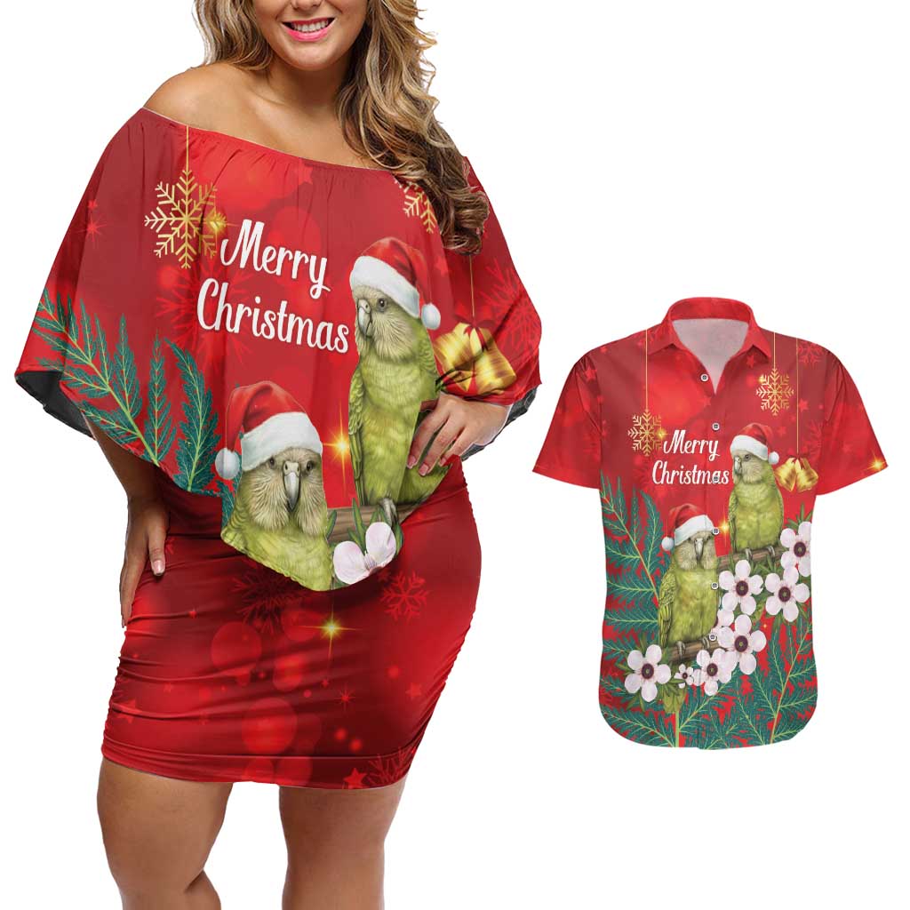 New Zealand Kakapo Christmas Couples Matching Off Shoulder Short Dress and Hawaiian Shirt Owl Parrot Santa Sliver Fern Manuka - Red - Aussie Hoodie
