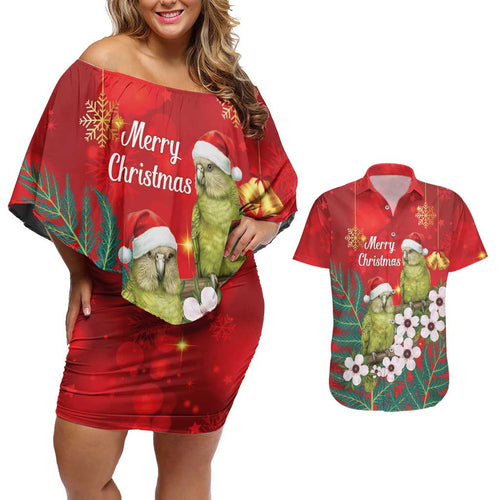 New Zealand Kakapo Christmas Couples Matching Off Shoulder Short Dress and Hawaiian Shirt Owl Parrot Santa Sliver Fern Manuka - Red - Aussie Hoodie