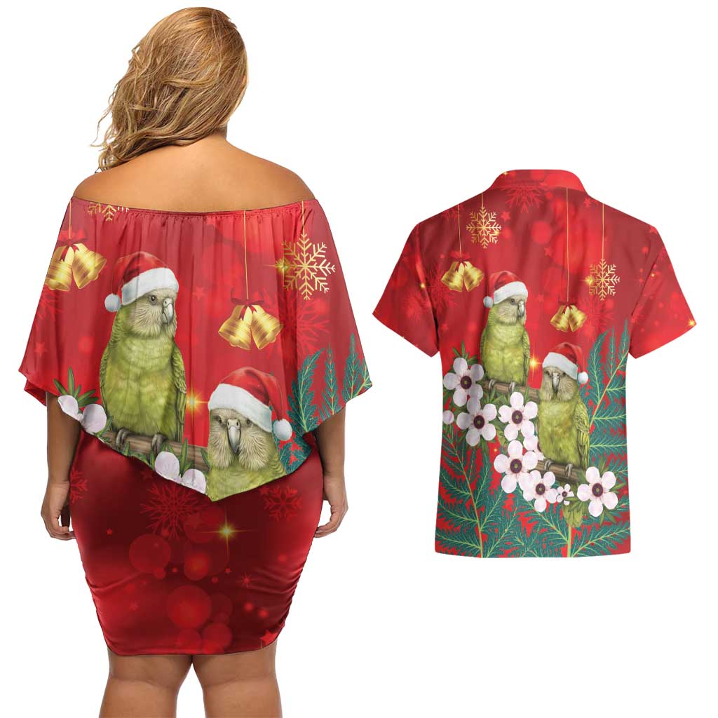New Zealand Kakapo Christmas Couples Matching Off Shoulder Short Dress and Hawaiian Shirt Owl Parrot Santa Sliver Fern Manuka - Red - Aussie Hoodie