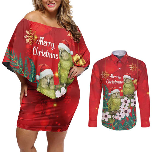 New Zealand Kakapo Christmas Couples Matching Off Shoulder Short Dress and Long Sleeve Button Shirt Owl Parrot Santa Sliver Fern Manuka - Red - Aussie Hoodie
