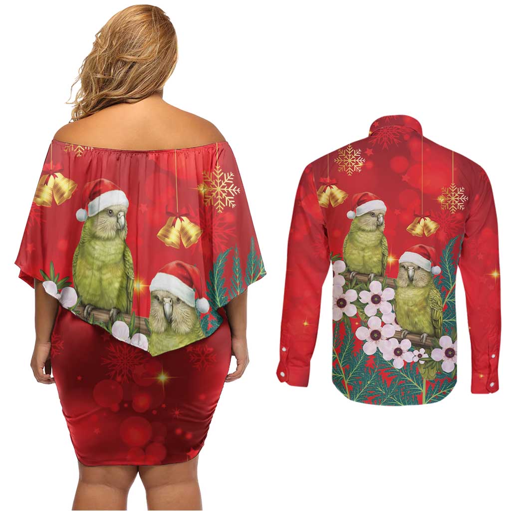 New Zealand Kakapo Christmas Couples Matching Off Shoulder Short Dress and Long Sleeve Button Shirt Owl Parrot Santa Sliver Fern Manuka - Red - Aussie Hoodie